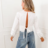 White Open Back Broderie Blouse