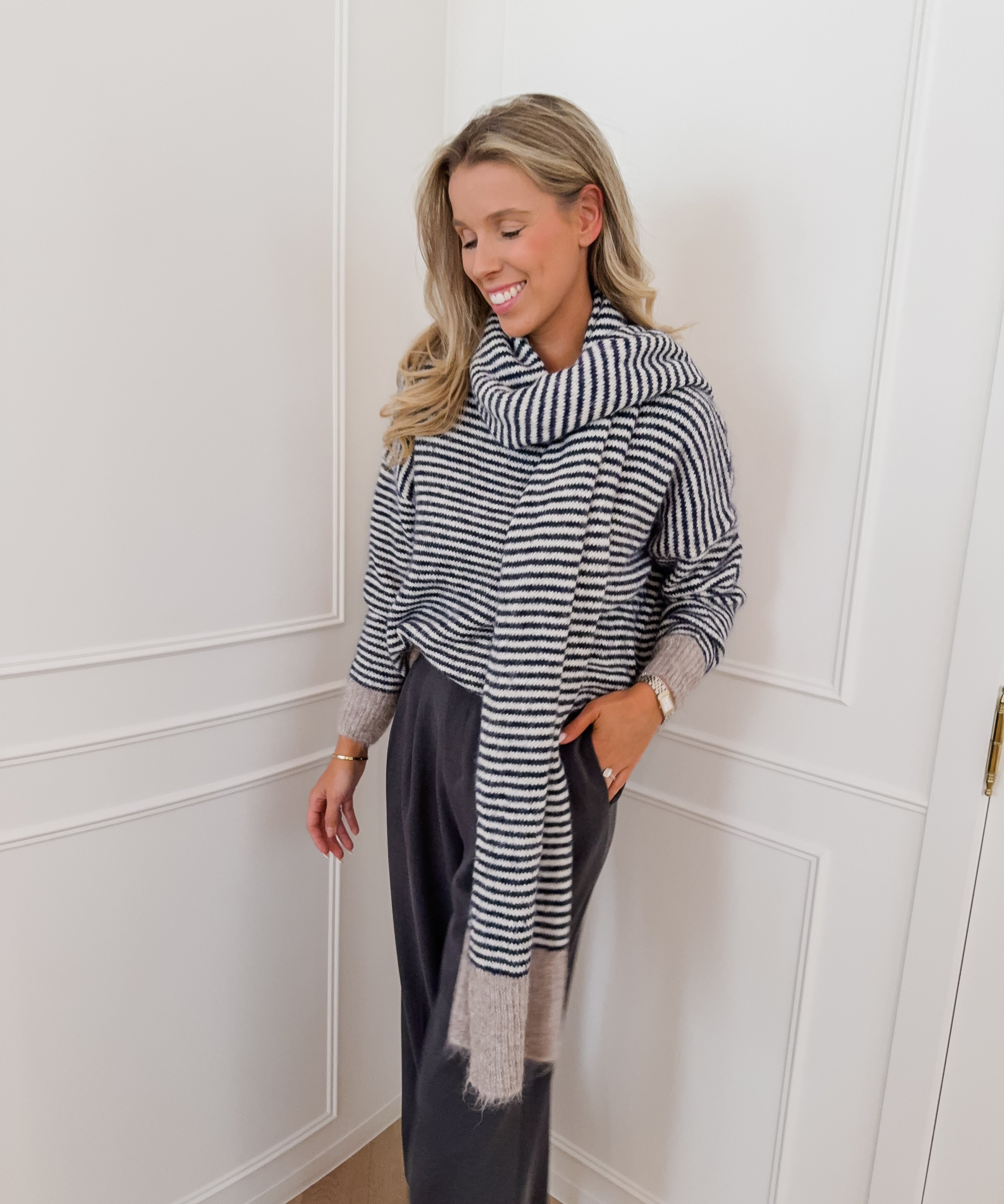 Blue Cream Striped Sweater Set