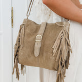 Beige Suede Side Fringe Bag