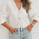 White Merita Tie Front Broderie Blouse
