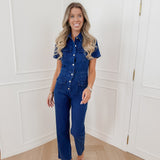 Dark Jeans Short Sleeve Pocket Jumpsuit
