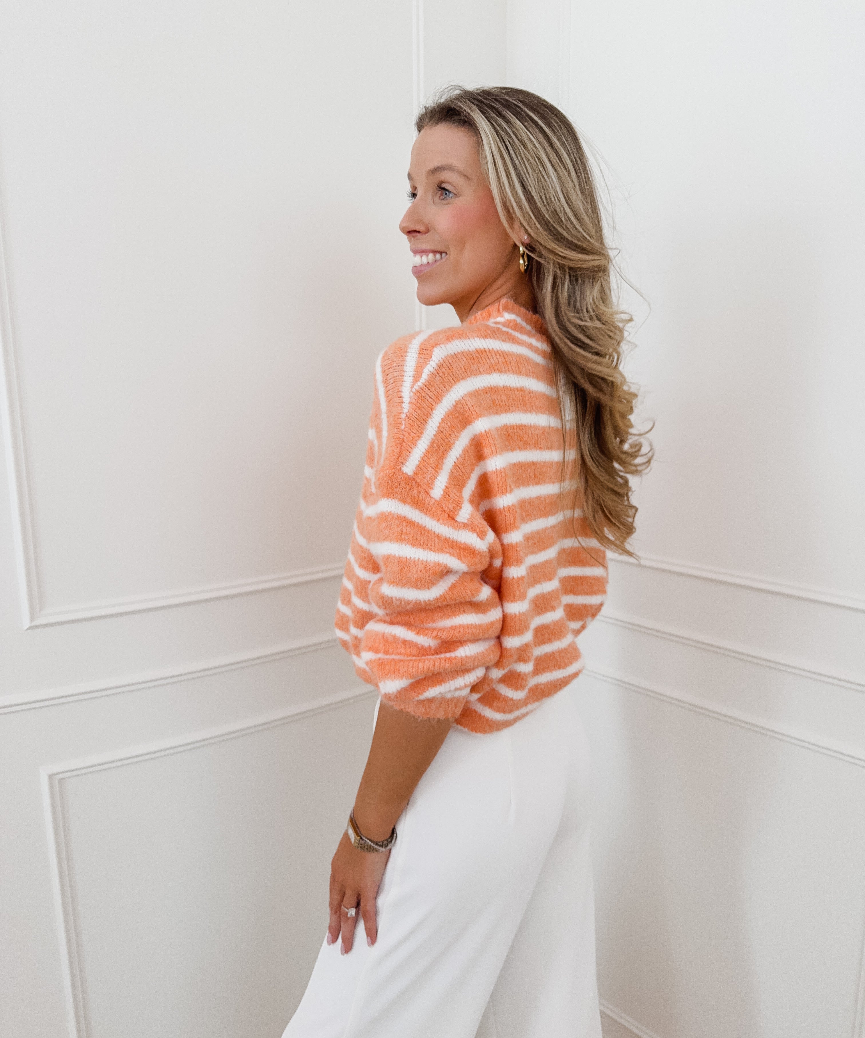 Orange White Kaiden Knitted Striped Sweater