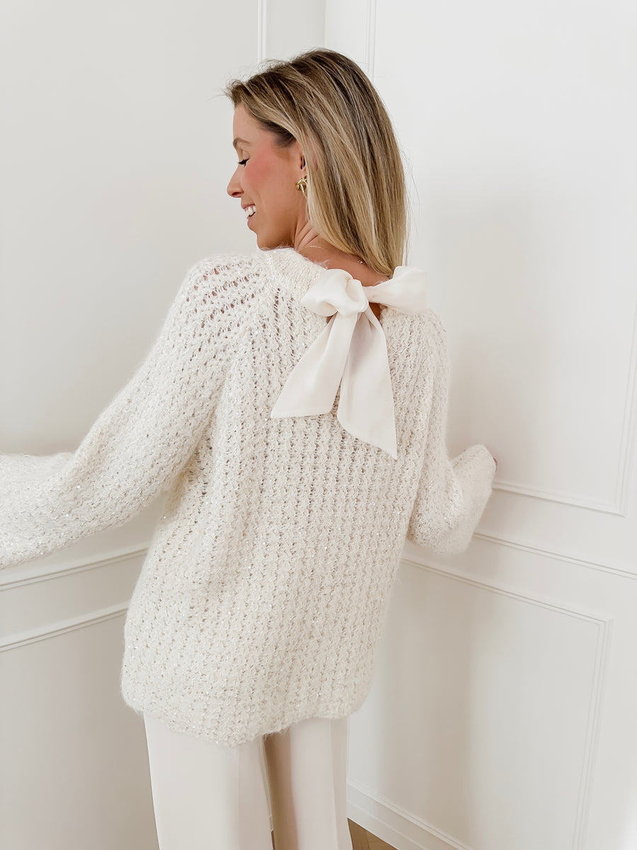 Crème Silver Sequin Bow Sweater