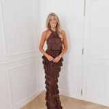 Brown Halterneck Crossed Back Dress