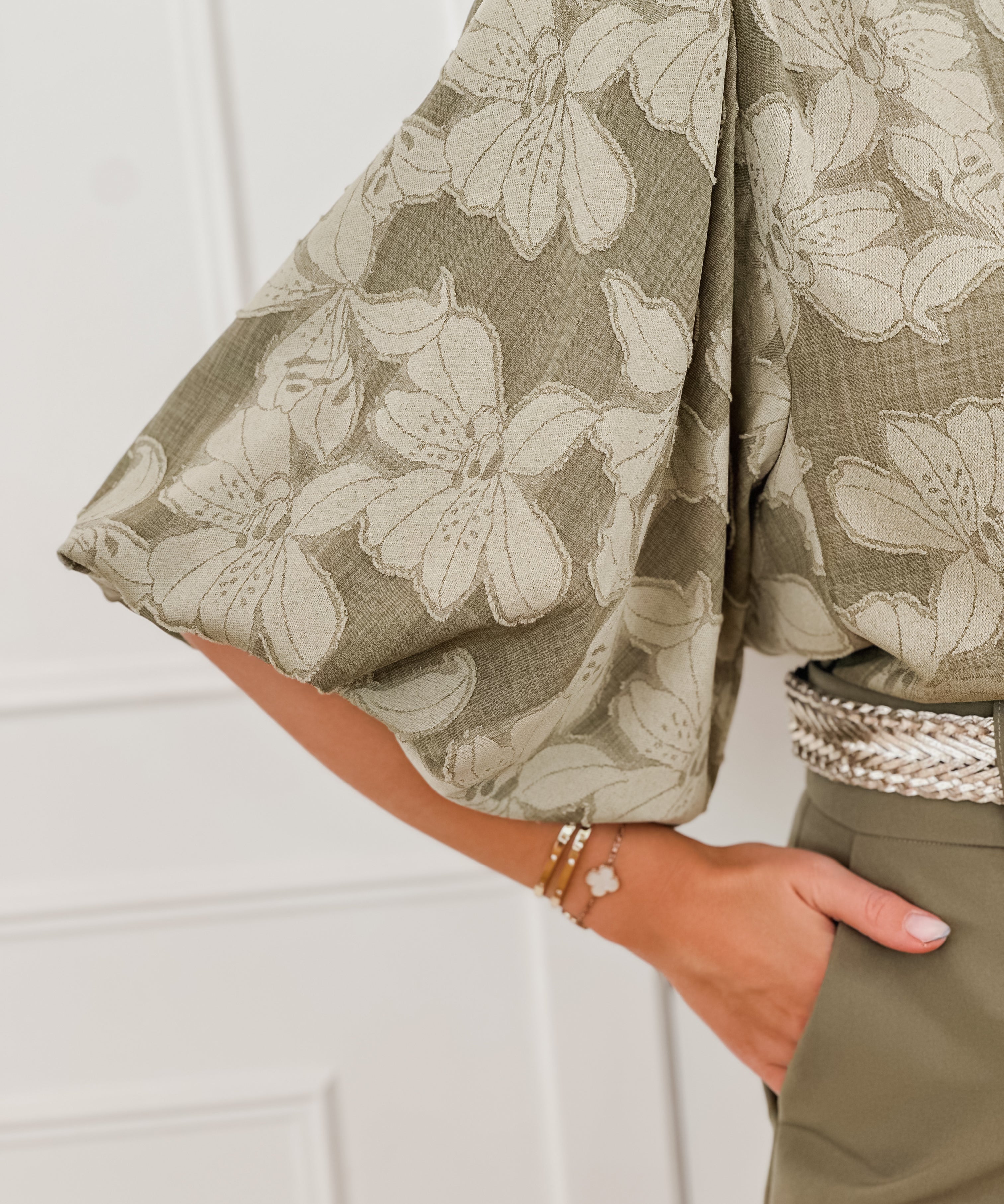 Kaki Flower Bow SHORT SLEEVE Blouse
