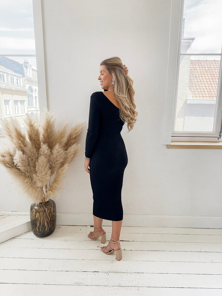 Black Double V Ribbel Stretch Dress