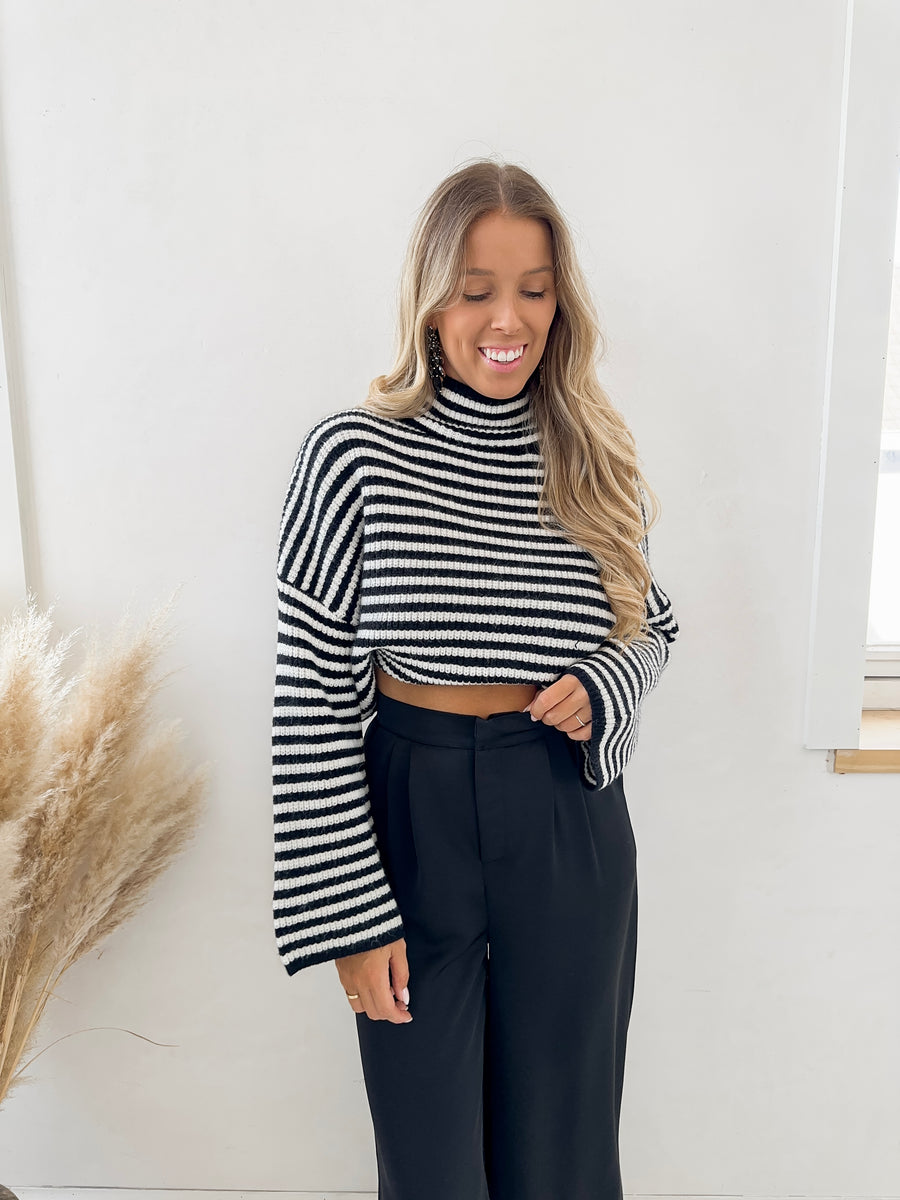 White/Black Striped Crop Sweater
