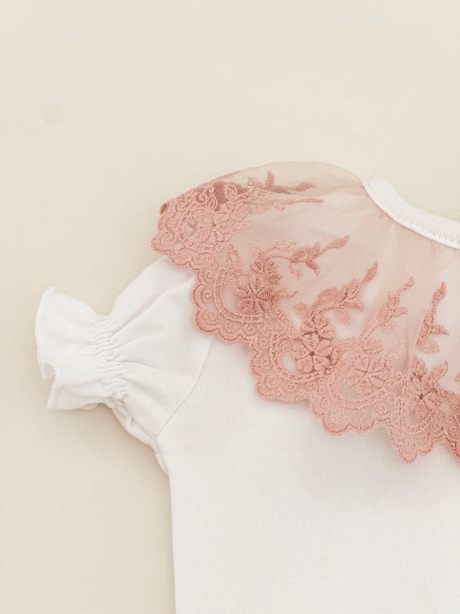 BABY - Cordel Old Pink Lace Collar Bodysuit (Short Sleeve)