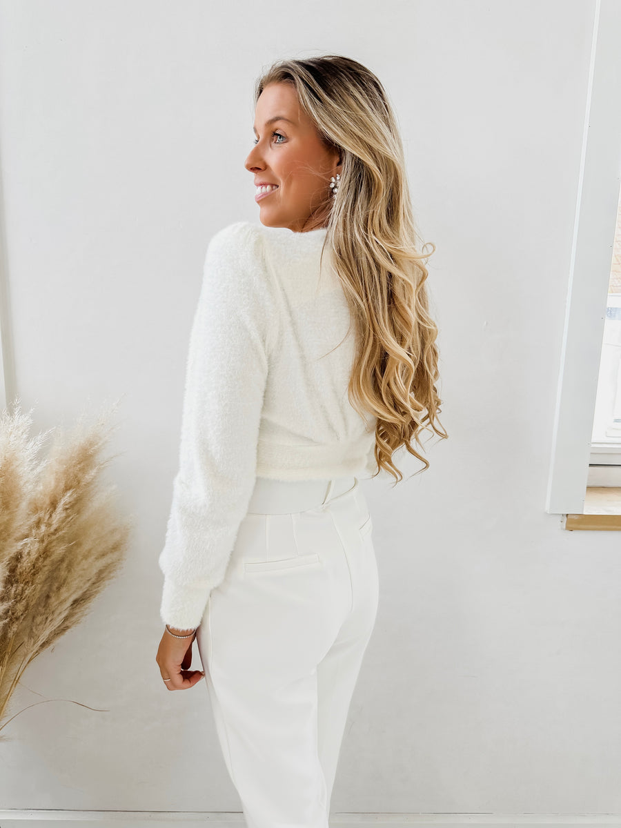 Ecru Fluffy Pearl Button Cardigan