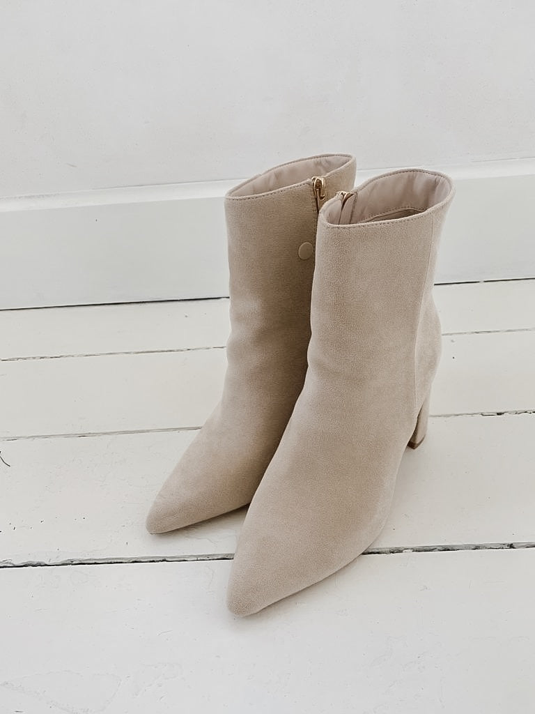 Short Beige Suede Boots Block Heel