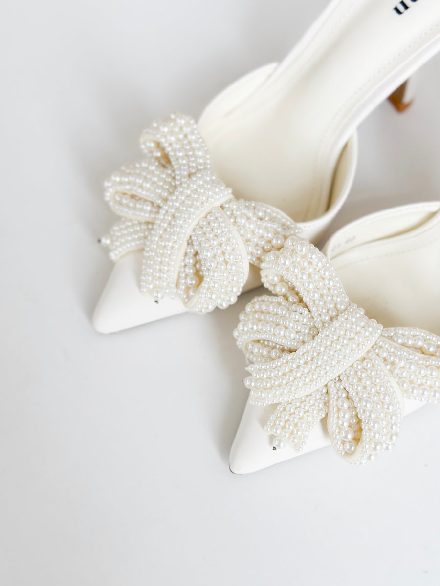 White Pearl Bow Heels