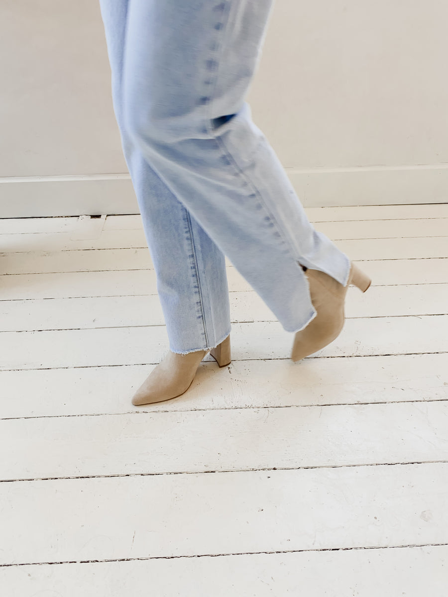 Short Beige Suede Boots Block Heel